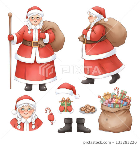 Set of Santa claus women costume characters. Watercolour illustration design 133283220