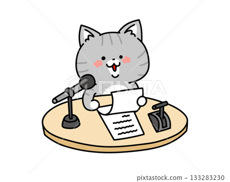 A cute cat reading a script in front of a microphone 133283230