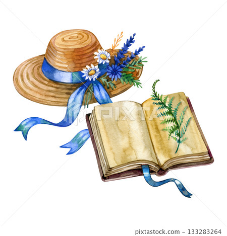 Watercolor straw hat with blue ribbon and wildflowers next to an old book with pressed fern. Cozy vintage illustration perfect for cottagecore designs, cards, branding and storytelling art. 133283264