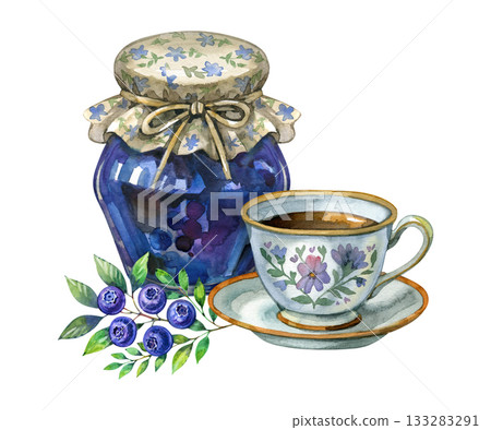 Watercolor illustration of a vintage teacup with floral pattern beside a jar of blueberry jam and fresh berries. Cozy cottagecore composition perfect for kitchen prints, packaging, and greeting cards. 133283291