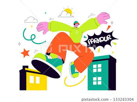 Parkour Sports Illustration Featuring Young Men Leaping Over Walls And Barriers In an Urban Cityscape With Buildings and Streets in the Background 133283304