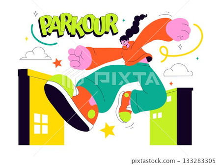 Parkour Sports Illustration Featuring Young Men Leaping Over Walls And Barriers In an Urban Cityscape With Buildings and Streets in the Background Parkour Sports Illustration Featuring Young Men Leaping Over Walls And Barriers In an Urban Cityscape With Buildings and Streets in the Background 133283305