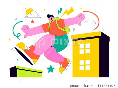 Parkour Sports Illustration Featuring Young Men Leaping Over Walls And Barriers In an Urban Cityscape With Buildings and Streets in the Background Parkour Sports Illustration Featuring Young Men Leaping Over Walls And Barriers In an Urban Cityscape With Buildings and Streets in the Background 133283307