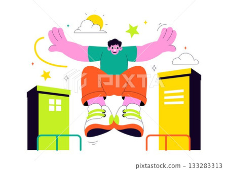 Parkour Sports Illustration Featuring Young Men Leaping Over Walls And Barriers In an Urban Cityscape With Buildings and Streets in the Background 133283313