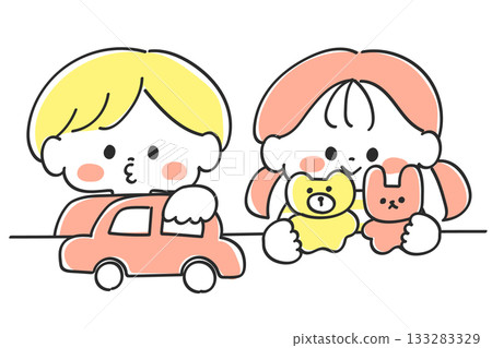 男孩女孩在書桌前玩耍。線條畫。可愛輕鬆的插圖。彩色。 男孩女孩在書桌前玩耍。線條畫。可愛輕鬆的插圖。彩色。 133283329