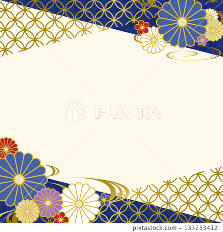 Japanese pattern and chrysanthemum flower background frame illustration blue gold square 133283412