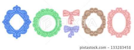 Set of colorful abstract princess frames and retro mirrors. Vintage photo borders and decorative shapes in pastel tones. Modern flat vector illustration on dark background. Set of colorful abstract princess frames and retro mirrors. Vintage photo borders and decorative shapes in pastel tones. Modern flat vector illustration on dark background. 133283458