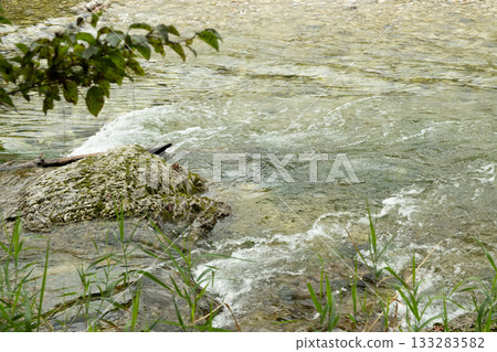 Close-up of a turbulent mountain river with a rocky bottom and shore. Close-up of a turbulent mountain river with a rocky bottom and shore. 133283582