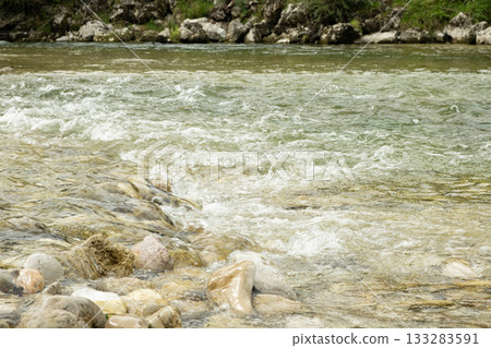 Wild Mountain River Flow, Scenic Alpine Landscape. Wild Mountain River Flow, Scenic Alpine Landscape. 133283591