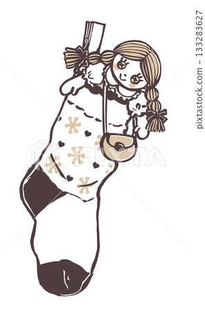 A Christmas stocking with a snowflake and heart pattern and a cloth doll of a girl with pigtails inside. Brush-drawn and painted in two colors. 133283627