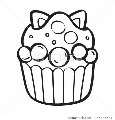 Cute cartoon cup cake line art outline drawing for coloring book 133283674