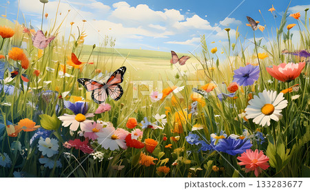 Spring field with butterflies resting on flowers 133283677