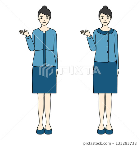 一位身穿亮藍色套裝的女員工的全身插圖，她正在提供指導和解釋。 133283738