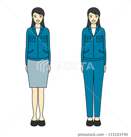一位身穿藍色工作服的女工程師/工人的全身像，她雙手交握，筆直站立。 133283740