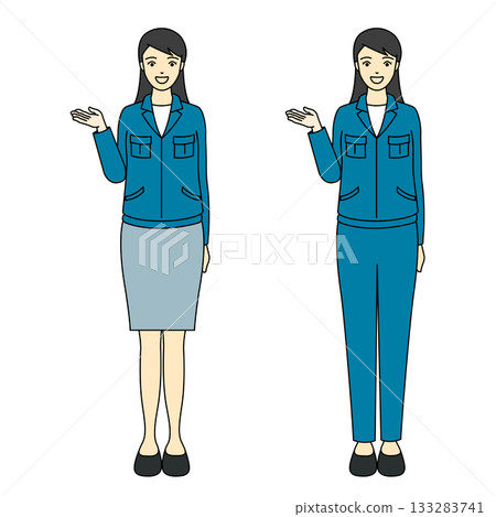 Full body of a female worker in blue work clothes guiding and explaining the site Full body of a female worker in blue work clothes guiding and explaining the site 133283741