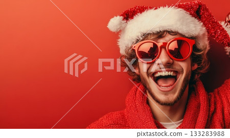 Young man in a Christmas hat and sunglasses celebrating with joy in front of a vibrant red background during the holiday season 133283988