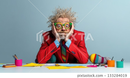 Creative individual with wild hair and colorful attire expresses thoughtful contemplation in a bright workspace during daytime 133284019