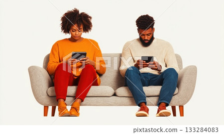 Couple sitting on a couch, both engaged with their smartphones while wearing cozy sweaters in a modern living room setting during a relaxing afternoon 133284083