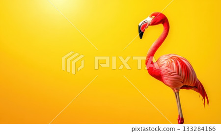 Bright pink flamingo stands elegantly against a vibrant yellow background in a cheerful setting that evokes a sense of summer and tropical beauty Bright pink flamingo stands elegantly against a vibrant yellow background in a cheerful setting that evokes a sense of summer and tropical beauty 133284166