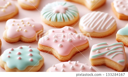 Beautifully decorated pastel cookies arranged on a table showcasing intricate designs and vibrant colors during a cheerful celebration 133284167