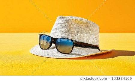Stylish summer hat and sunglasses resting on a vibrant yellow background under bright sunlight on a clear day Stylish summer hat and sunglasses resting on a vibrant yellow background under bright sunlight on a clear day 133284169