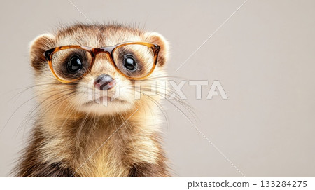 Cute ferret wearing glasses poses against a neutral background, showcasing its playful personality and unique fashion sense 133284275