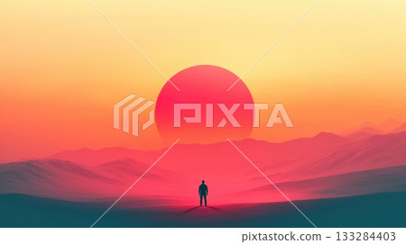 Stunning sunset casts a vibrant hue over a silhouetted figure standing alone in a vast desert landscape with mountains in the background Stunning sunset casts a vibrant hue over a silhouetted figure standing alone in a vast desert landscape with mountains in the background 133284403