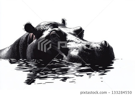 Hippo emerges from water in calm surroundings, displaying its large head and distinctive features during tranquil time of day 133284550