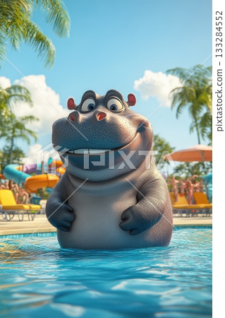 Joyful hippo enjoying a sunny day at the poolside surrounded by water slides and lively vacationers in a tropical setting 133284552
