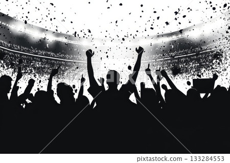 Crowd celebrates during a major sporting event in a large stadium at night with lights and confetti filling the air 133284553
