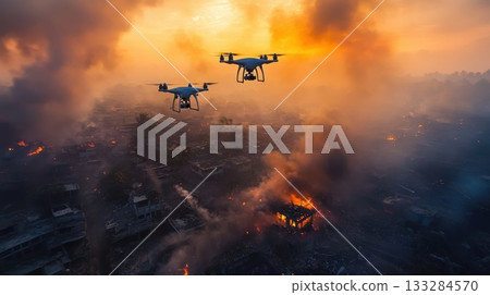 Drones survey a devastated urban landscape engulfed in flames and smoke during a catastrophic fire event at sunset 133284570