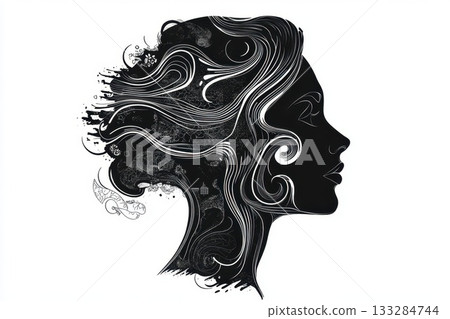 Elegant silhouette of a woman with flowing hair adorned with intricate designs and natural elements in a creative artistic composition 133284744