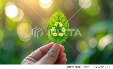 AI image: Green leaf with a recycling symbol 133284745