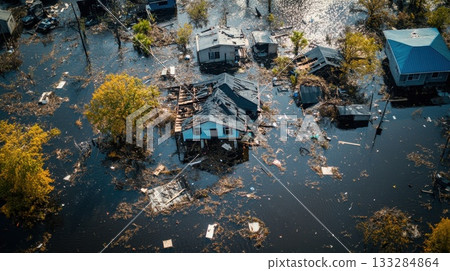 Devastation from floodwaters in a residential area with submerged homes and debris scattered across the landscape in the aftermath of a natural disaster 133284864