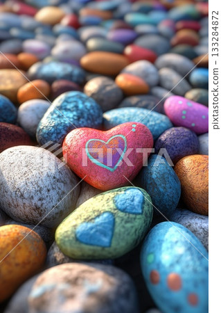 Colorful painted stones arranged on a natural surface with unique designs at a recreational area during daylight Colorful painted stones arranged on a natural surface with unique designs at a recreational area during daylight 133284872
