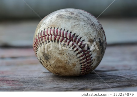Worn baseball resting on a wooden surface, showcasing marks of many games played in local parks during summer afternoons Worn baseball resting on a wooden surface, showcasing marks of many games played in local parks during summer afternoons 133284879