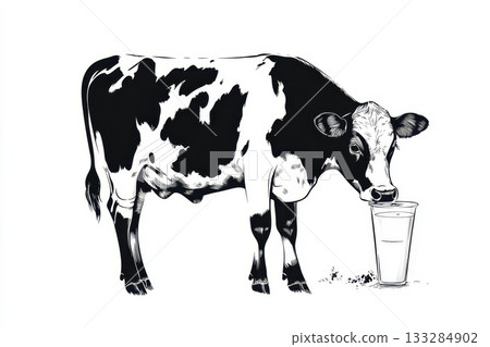 Black and white cow drinking milk from a glass during a sunny farm day with rural background 133284902