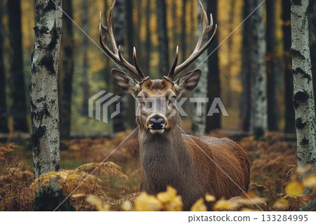Majestic stag standing amidst autumn foliage in a serene forest setting with towering trees during a tranquil late afternoon Majestic stag standing amidst autumn foliage in a serene forest setting with towering trees during a tranquil late afternoon 133284995