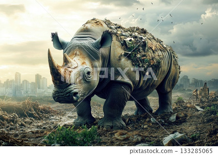 Urban rhinoceros walking through a polluted landscape, surrounded by trash and city buildings during a cloudy day Urban rhinoceros walking through a polluted landscape, surrounded by trash and city buildings during a cloudy day 133285065