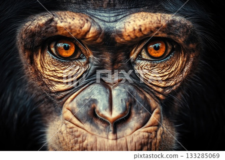 Close-up of a chimpanzee with distinct eyes and textured skin highlighting the beauty of wildlife Close-up of a chimpanzee with distinct eyes and textured skin highlighting the beauty of wildlife 133285069