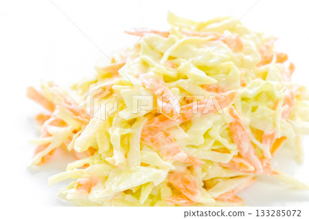 Creamy coleslaw salad on a white plate. 133285072