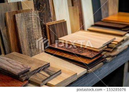 Wooden samples arranged on a display at a woodworking shop showcasing various finishes and textures in bright natural light Wooden samples arranged on a display at a woodworking shop showcasing various finishes and textures in bright natural light 133285076