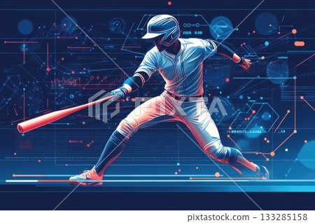 Baseball player swinging bat amidst digital technology graphics in a futuristic sports environment Baseball player swinging bat amidst digital technology graphics in a futuristic sports environment 133285158