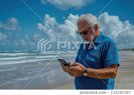 Elderly man using smartphone while walking along a sunny beach with waves and fluffy clouds in the background during midday 133285167