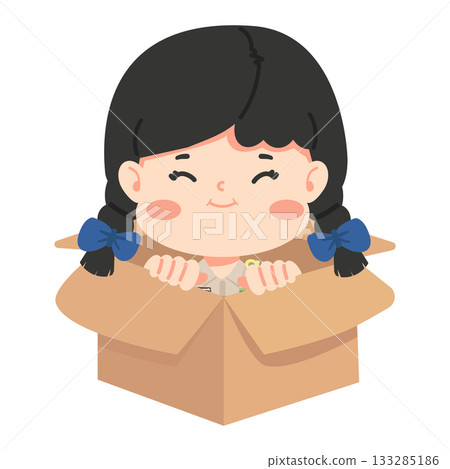 Woman Teacher with Braids Sitting in Cardboard Box 133285186
