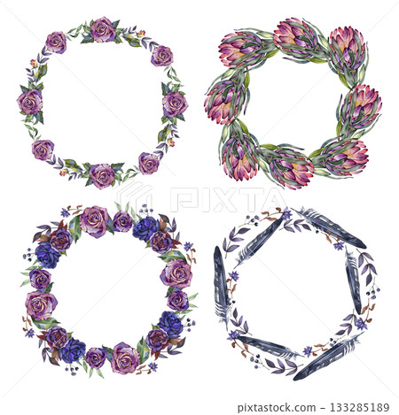 Watercolor set of gothic floral wreaths with roses, protea flowers, and feathers, autumn botanical frames, hand-painted elegant round compositions for wedding, halloween, and vintage design Watercolor set of gothic floral wreaths with roses, protea flowers, and feathers, autumn botanical frames, hand-painted elegant round compositions for wedding, halloween, and vintage design 133285189