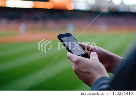 Enthusiast captures game details on smartphone during an afternoon baseball match at a local stadium with lively atmosphere 133285410