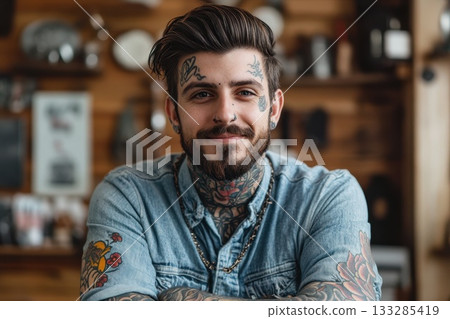 Tattoo artist in denim shirt poses confidently with arms crossed in a rustic shop filled with vintage decor and tattoo art during the afternoon 133285419
