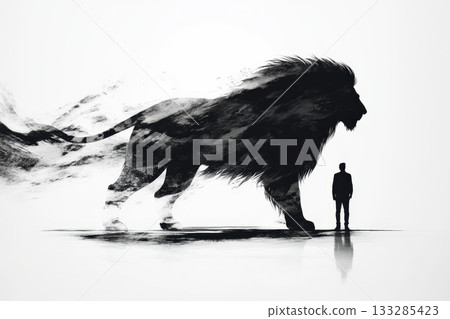 Unique artwork depicting a man standing next to an enormous lion silhouette, showcasing the bond between humans and nature in a striking black and white design 133285423
