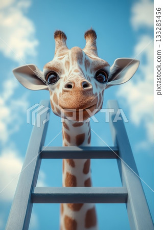 Giraffe looking curiously at a wooden ladder against a bright blue sky with fluffy clouds during a sunny day in a whimsical setting 133285456